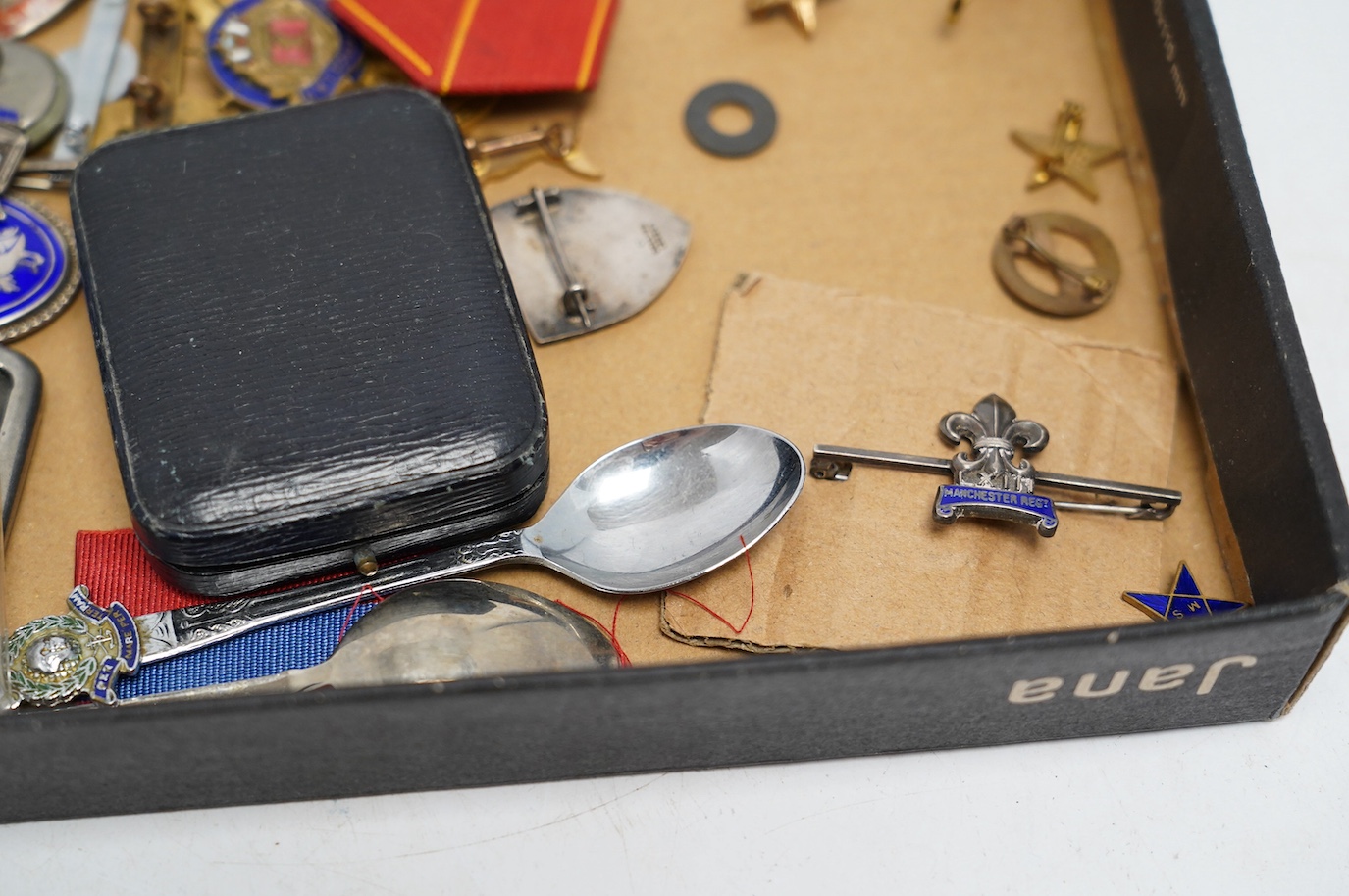 A collection of WWII sweetheart badges, silver badges, military buttons, RAF ephemera, a miniature OBE award, etc. Condition - fair to good